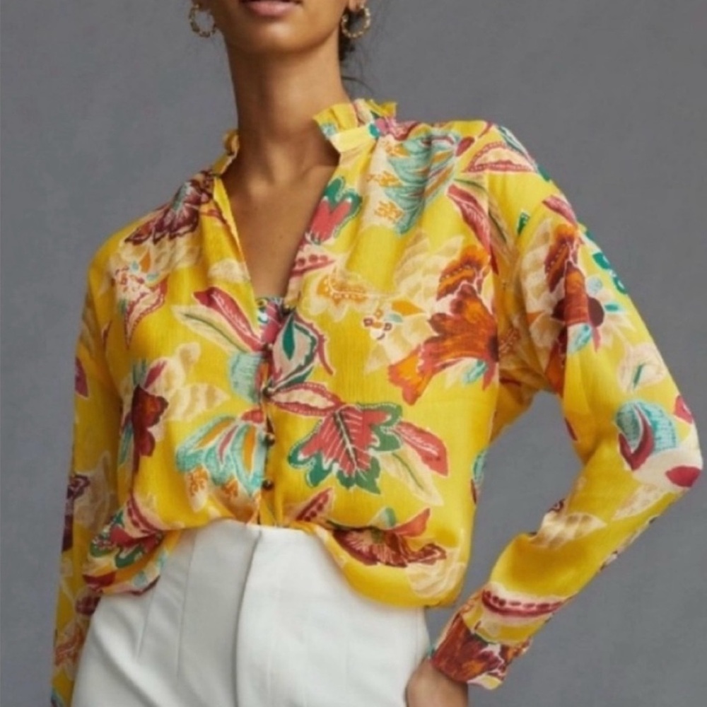 Pilcro Anthropologie V-neck Yellow Floral Tavi Blouse